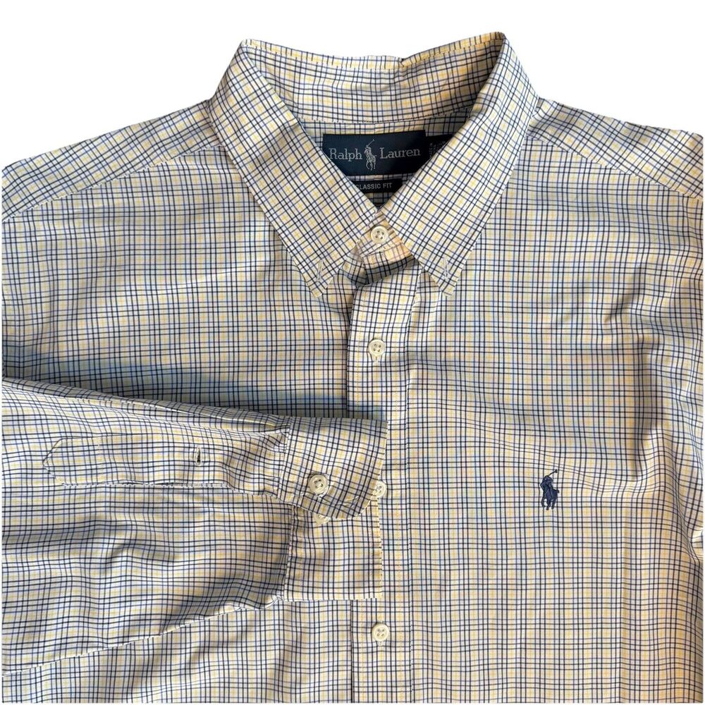 Ralph Lauren Classic‎ Fit Button Down Shirt Yellow Blue White Men’s 17.5 34/35